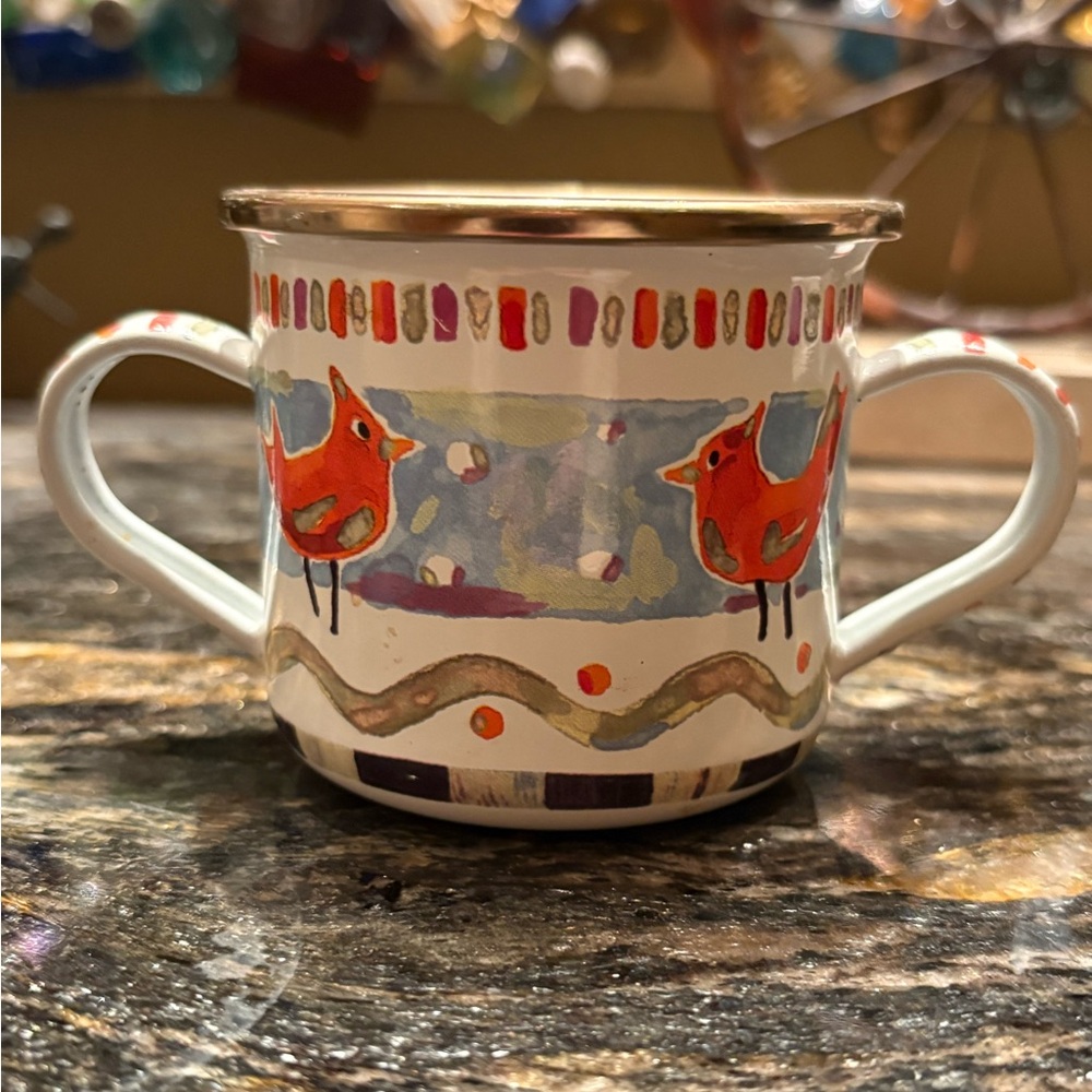 RARE Mackenzie Childs Enamel Cup 🏁 Courtly Cardinals Winter Scene Acorn Baby Cup
